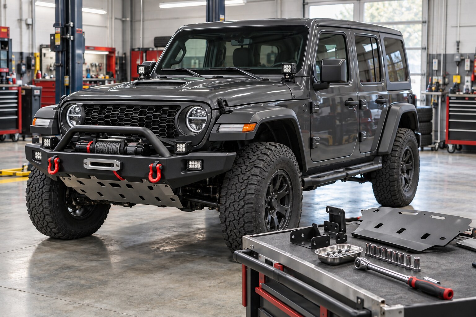 Representative unbranded four-door off-road SUV with bumper, winch, recovery, skid-plate, lighting and step upgrades